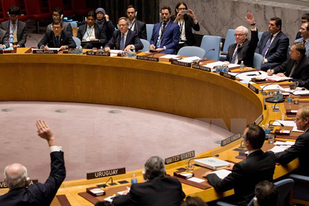 Đại sứ Nga Vitaly Churkin (phải) và Đại sứ Venezuela Rafael Ramirez (trái) bỏ phiếu phủ quyết Nghị quyết của Pháp về vấn đề Syria.